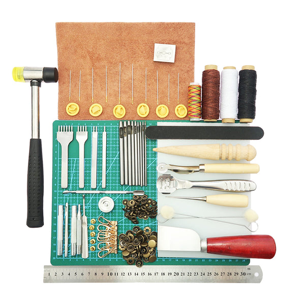 1 Set Leather Tools Craft DIY Hand Stitching Kit with Groover Awl Waxed Thimble Thread Cutting Board for Sewing Leather, Canvas or Other Leathercraft Projects