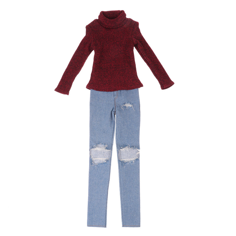 1/3 BJD Red Turtleneck Sweater Ripped Jeans Set for Normal 70cm Uncle Doll