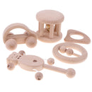 5 Pieces Baby Natural Wooden Montessori Rattle Drum & Teethers Ring Teething Chewable Sound Toy Infant Teether Developmental Gift