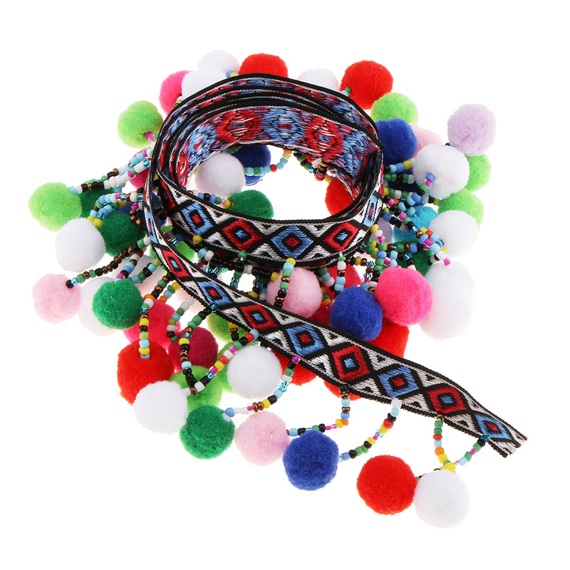 1 Yard Jacquard Beaded Pom Poms Tassel Lace Fabric Decorative Fringe Braid Trimming Ribbon Fabric DIY Embellishment Sewing Applique Accessories