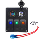 Waterproof 3 Gang 3 color Rocker Switch Panel DC 12V Voltmeter Double