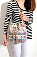 Fashionable Canvas Drawstring No Zipper Floral Pattern Shoulder Bag Handbag Clutch