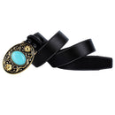 Boho Western Womens Men Cowboy Cowgirl Belt Fiber Leather Oval Turquoise Stone Black Belt