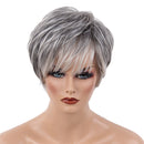 Cool Design Short Straight Wigs with Bangs Silver Gray Color Heat Perm OK 70% Real Human Hair Full Head Women Wigs,Pixie Cut Layer Wig