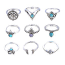 9pcs Vintage Women Rings Tribal Ethnic Hippie Crystal Joint Ring Set