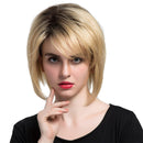 Natural Charming Women Human Hair Fluffy Short Dark Root Light Blonde Full Head Wigs for Parting Cosplay Fancy Dress with Bangs
