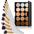 Women Girls Cosmetic Beauty Party Eye Face Makeup Tools 15 Assorted Color Concealer Palette+10Pcs Eyebrow Powder Makeup Brush White Gold
