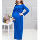 Women Elastic Waist Maxi Maternity Clothing Outfit Dress Pregnant Photo Props Casual Wear Long Sleeve Dress Gift Blue