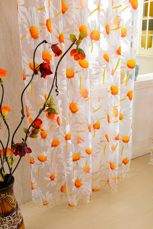 1*2.5M Sunflower Voile Window Burnt-Out Curtain Sheer Tulle Drapes with Bead