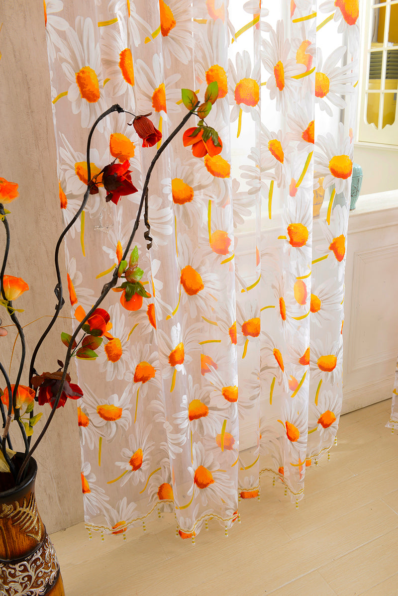 1*2.5M Sunflower Voile Window Burnt-Out Curtain Sheer Tulle Drapes with Bead