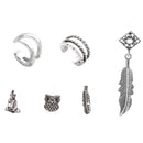 Vintage Style Antique Silver Leaf Earring Buddha Owl Feather Stud Clips Set for Women and Girls
