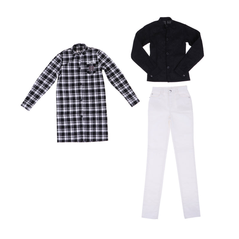 1/3 Male BJD Plaid Long Coat Shirt Jeans 3pcs Set for Normal 70cm Uncle Doll