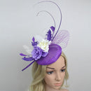 Women Girls Wedding Prom Party Hair Decor Feather Fascinator Flower Net Veil Linen Mini Top Hat Headband Gift Purple