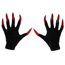 Scary Woman Witch Gloves w/ Long Red Glitter Fingernails Halloween Costume