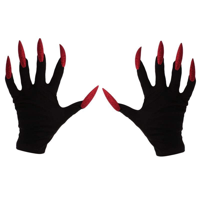 Scary Woman Witch Gloves w/ Long Red Glitter Fingernails Halloween Costume