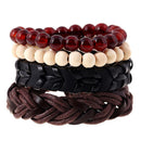 1 Set Of 4pcs Unisex Handmade Braided PU Leather Bangle Wood Beads Bracelets