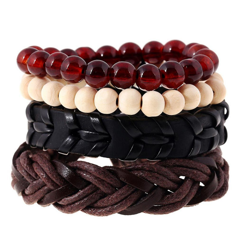 1 Set Of 4pcs Unisex Handmade Braided PU Leather Bangle Wood Beads Bracelets