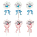 Pack of 6 Tulle Flower Happy Birthday Cake Toppers with Bowknot Decor Pink and Blue