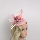 Women Girls Wedding Prom Party Hair Decor Feather Fascinator Flower Net Veil Linen Mini Top Hat Headband Gift Pink
