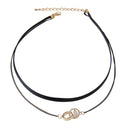 Gothic Black PU Leather Double Layer Choker Collar with Rhinestone Rings Charms Chain Clavicle Necklace