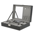 Multifunction 2 Slots Jewelry 8 Slots Black Carbon Fiber Watch Storage Display Makeup Box with Mirror Organizer for Women Girls
