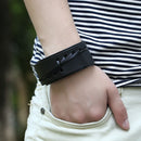 Black Retro Braided Mens Wide Leather Wristband Snap Buttons Bangle Bracelet