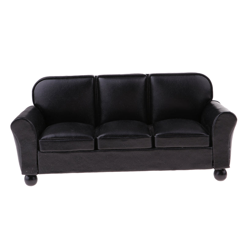 1/12 Scale Miniature Three-People Sofa Leather Couch Dolls House Drawing Room Furniture Kids Pretend Play Toy Black