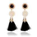 Handcraft Gold Plated stud Charm Nylon Long Tassel Fringed Dangle Stud Earrings 1 Pair Black Rhinestone Accessories
