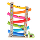 Wooden 7-Layer Ramp Race Track & 8 Mini Inertia Car Sliding Toy Vehicel & Train Playset for Baby Toddler Fine Motor Skill Developmental Activity