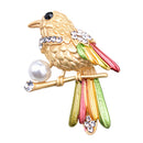 Cute Bird Crystal Faux Pearl Bird with Colorful Feather Brooch Pin Jewelry
