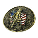 Engraved Bronze USA Flag with Knight Belt Buckle Western Antique Cowboy