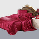Soft Comfortable Shrink Resistant Solid Color Satin Silk Bedding Duvet Cover+Flat Sheet+Pack of 2PCS Pillow Case FOR 6ft Bed Red