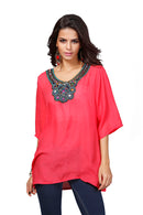 Women Girls Summer Party Casual Clothing Fashion Neck Embroidery Half-Sleeve Plus Size Autumn Loose Blouses Shirt Top Red Size L
