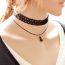 Black Lace Chain Collar Choker Necklace Gothic Vintage Artifical Gem Stone Pendant
