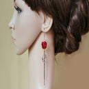Women Vintage Elegant Tassel Gold Plated Leaf Red Rose Long Dangle Earrings