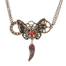Handmade Hollow Alloy Butterfly Feather Shaped Dangle Pendant Multigear Necklace Double Chains Gear Choker with Red Rhinestone