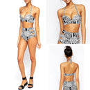 Women Girls Ladies Polyester Bandage Strappy Floral Bikini Push-up Unpadded Bra Swimsuit Bathing Swimwear S AB Cup