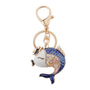 Fashion Rhinestone Crystal Blue Carp Fish Charm Purse Bag Key Ring Keychain Keyfob