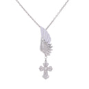 Women Silver Angel Wing Brooch Diamante Crystal Cross Pendant Necklace Chain