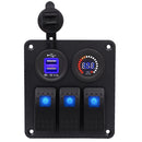 DC12V-24V 3 Gang Marine Blue LED Switch Panel+ Dual USB + Color Voltmeter