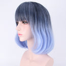 45cm Women Curly Black Blue Ombre Hair Wigs with Blunt Bangs Cosplay Costume Party Props Heat Resistant Hair Fiber Wig