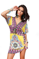 Women Girls Ladies Mini Short Sleeves V Neck Summer Dress Clothing Outfit Accessory Yellow XL