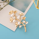 Women Fashion Exquisite Ginkgo Leaf Brooch With Faux Pearls Crystal Brooch