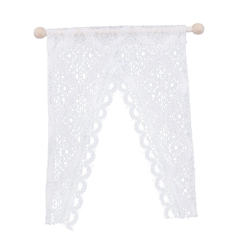 1/12 Dollhouse Miniature Triangular Lace Curtain with Wooden Rod Rail for Dolls Windows Accessory