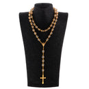 Mens Hip 10mm Beads Rosary Pray Hand Jesus Cross Pendant Chain Necklace Gold