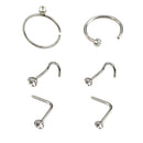 6PCS Silver Stainless Steel Crystal Piercing Jewelry Nose Ring Stud Ring Hoops