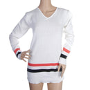 Women Girls Fashionable Long Sleeve White V-neck Knit Jumper Top Pullover Stripes Pattern Charms White