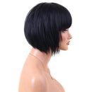 HEAT RESISTANT Black Straight Bangs Bob Style 100 % Real Human Hair Wigs +Cap for Women Ladies Cosplay Party Daily Use Costume 12 inches