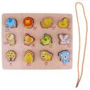 2-in-1 Wooden Cartoon Jigsaw Puzzles Blocks Board & Beads Threading Educational Toy Play Activity- Animal