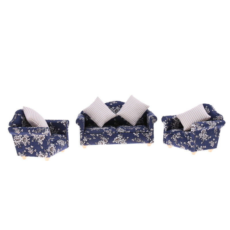 1/12 Wood Sofa Couch Cushions Set Dollhouse Living Room Furniture Accessories Decoration Dark Blue